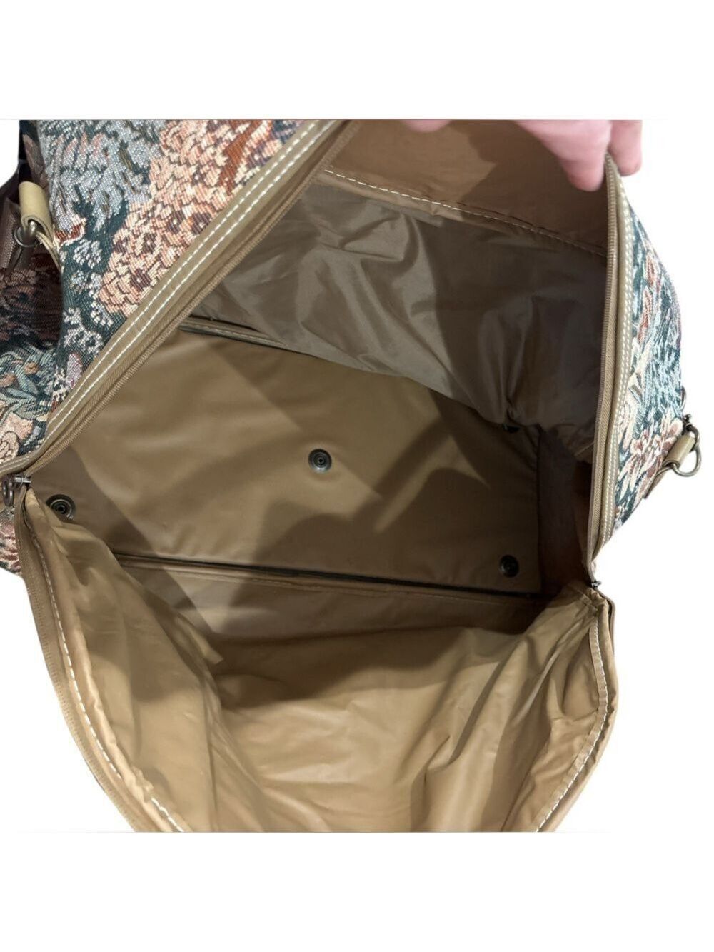 Capezio Brown and Tan Travel Bag with Vintage Tapestry Design Tan Leather Trim. - Picture 5 of 9